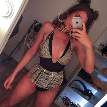 Sinkcangwu Womens Body Chain Suit Boho Rhinestone Bra Waist Belly Chain with Tassel Indian Dancing Skirt Dress for Party Halloween Costume Beach Bikini (Gold Metal)
