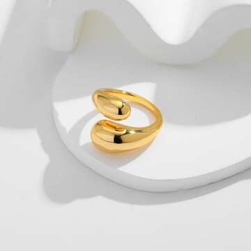 WOWORAMA Adjustable Open Gold Rings for Women 18K Gold Plated Chunky Dome Teardrop Rings Thick State...