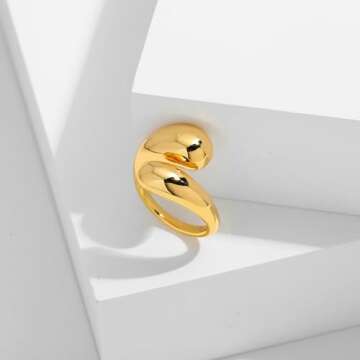 WOWORAMA Adjustable Open Gold Rings for Women 18K Gold Plated Chunky Dome Teardrop Rings Thick Statement Stacking Rings Minimalist Stackable Band Rings