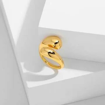 WOWORAMA Adjustable Open Gold Rings for Women 18K Gold Plated Chunky Dome Teardrop Rings Thick Statement Stacking Rings Minimalist Stackable Band Rings