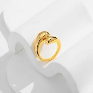 WOWORAMA Adjustable Open Gold Rings for Women 18K Gold Plated Chunky Dome Teardrop Rings Thick Statement Stacking Rings Minimalist Stackable Band Rings