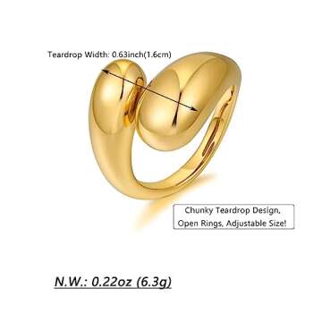 WOWORAMA Adjustable Open Gold Rings for Women 18K Gold Plated Chunky Dome Teardrop Rings Thick Statement Stacking Rings Minimalist Stackable Band Rings