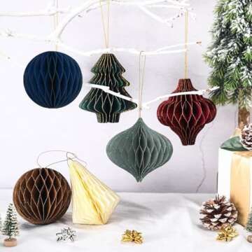 SSUMIHUA Christmas Decorations, 6 PCS Glitter Edge Paper Honeycomb Ornaments, Green Red Brown Mini H...