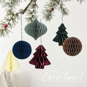 SSUMIHUA Christmas Decorations, 6 PCS Glitter Edge Paper Honeycomb Ornaments, Green Red Brown Mini Hanging Paper Lanterns Ornament for Christmas Tree Décor, New Years Party, Xmas Holiday Home Decor