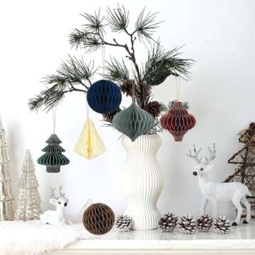 SSUMIHUA Christmas Decorations, 6 PCS Glitter Edge Paper Honeycomb Ornaments, Green Red Brown Mini Hanging Paper Lanterns Ornament for Christmas Tree Décor, New Years Party, Xmas Holiday Home Decor