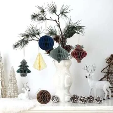 SSUMIHUA Christmas Decorations, 6 PCS Glitter Edge Paper Honeycomb Ornaments, Green Red Brown Mini Hanging Paper Lanterns Ornament for Christmas Tree Décor, New Years Party, Xmas Holiday Home Decor