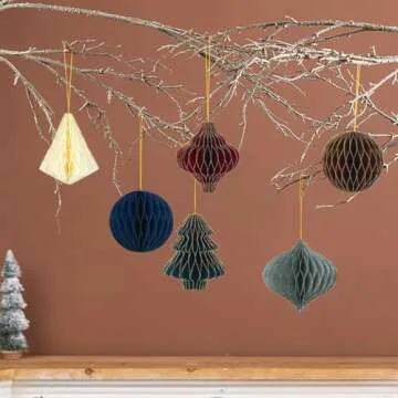 SSUMIHUA Christmas Decorations, 6 PCS Glitter Edge Paper Honeycomb Ornaments, Green Red Brown Mini Hanging Paper Lanterns Ornament for Christmas Tree Décor, New Years Party, Xmas Holiday Home Decor