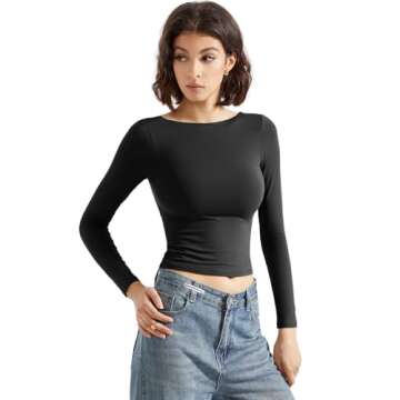 SUUKSESS Women Backless Going Out Tops Double Lined Open Back Basic Long Sleeve T Shirts (Jet Black,...
