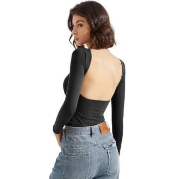 SUUKSESS Women Backless Going Out Tops Double Lined Open Back Basic Long Sleeve T Shirts (Jet Black, XL)