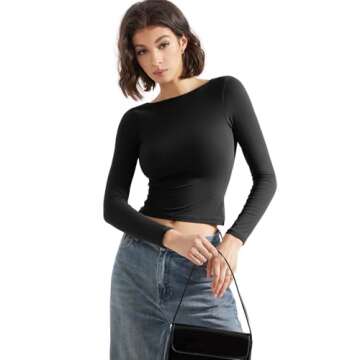 SUUKSESS Women Backless Going Out Tops Double Lined Open Back Basic Long Sleeve T Shirts (Jet Black, XL)