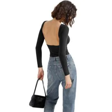 SUUKSESS Women Backless Going Out Tops Double Lined Open Back Basic Long Sleeve T Shirts (Jet Black, XL)