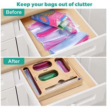 Puricon Bamboo Ziplock Bag & Wrap Organizer with Cutter