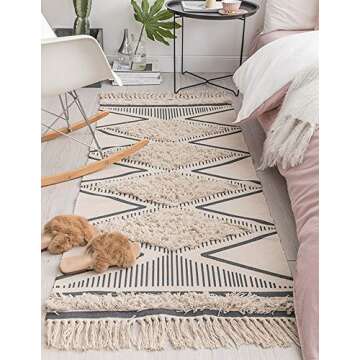 Wolala Home Moroccan Tufted Cotton Handmade Woven Rug with Non-Slip Mat Beige Tassels Printed Indoor Floor Carpet for Bedroom,Living Room,Children Playroom 2'3 x 5'3