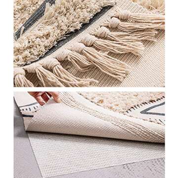 Wolala Home Moroccan Tufted Cotton Handmade Woven Rug with Non-Slip Mat Beige Tassels Printed Indoor Floor Carpet for Bedroom,Living Room,Children Playroom 2'3 x 5'3