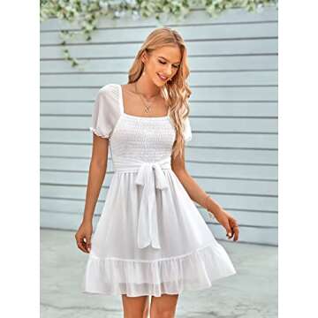 Dokuritu Women's Dresses Summer Plaid Gingham Checkered Cottagecore Puff Sleeve Smocked Cute Teen Babydoll Mini Dress 2023