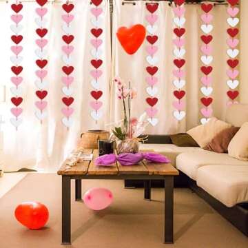 Lairyan 72 Red, Pink, White Felt Heart Garland - Valentine Decor - Wedding, Birthday Party Supplies