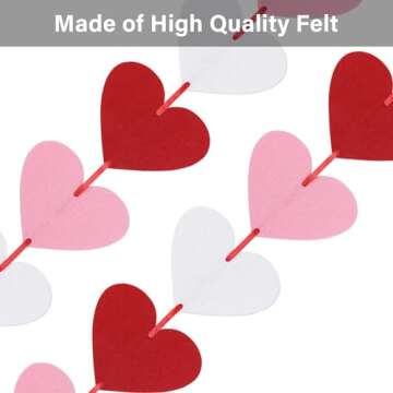 Lairyan 72 Red, Pink, White Felt Heart Garland - Valentine Decor - Wedding, Birthday Party Supplies