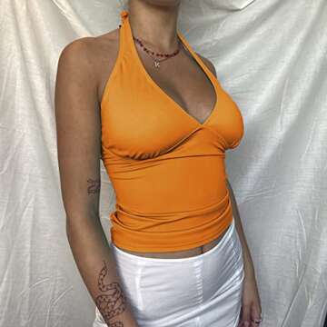 DREAM SLIM Women's Tie Back Halter Crop Top Sexy Deep V Neck Sleeveless Tie Back Camisole Casual Wor...