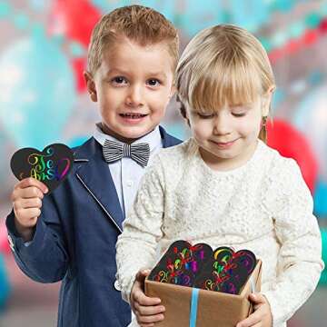 28 Pieces Valentine Crafts Scratch Paper Ornaments - Fun DIY Art Set with Ribbons and Stickers