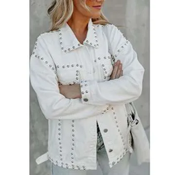 APAFES Women's Fashion Crop White Denim Jacket Distressed Western Studded Black Trucker Jacket(0270-White-XL-NG)