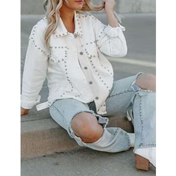 APAFES Women's Fashion Crop White Denim Jacket Distressed Western Studded Black Trucker Jacket(0270-White-XL-NG)
