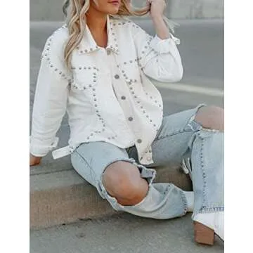 APAFES Women's Fashion Crop White Denim Jacket Distressed Western Studded Black Trucker Jacket(0270-White-XL-NG)