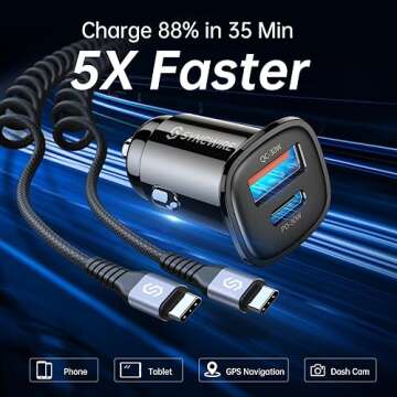 Syncwire USB C Car Charger 60W [PD 30W & QC 30W] Fast Charging USB Adapter with 5FT Type C Coiled Ca...