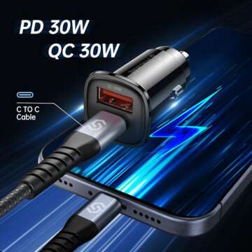 Syncwire USB C Car Charger 60W [PD 30W & QC 30W] Fast Charging USB Adapter with 5FT Type C Coiled Cable Compatible with iPhone 16/16 Plus/16 Pro/16 Pro Max/Galaxy S23/S22/ Google Pixel 7/7Pro