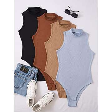MakeMeChic Women's Sleeveless 4 Pack Mock Neck Ribbed Knit Tank Bodysuit Multi A L