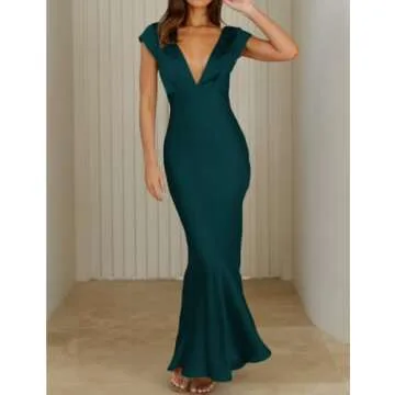 Halfisland Womens Summer Satin V Neck Cap Sleeve Backless Maxi Dress Elegant Twist Cut Out Midi Dresses Wedding Guest Deep Green