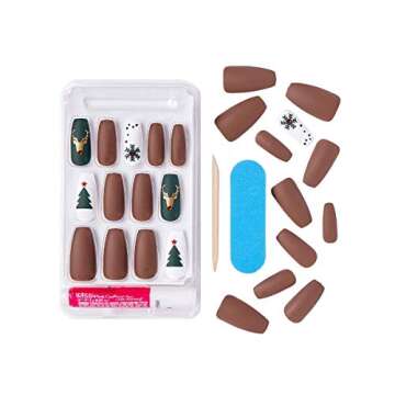 KISS Special Design Limited Edition Holiday Fake Nails, Style ‘Candy Cane’, Multi-Colored Medium Square, with Nail Glue, Mini File, Manicure Stick & 24 False Nails