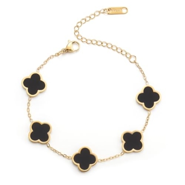 AIPPK 18K Gold Plated Clover Lucky Bracelet Van Cleef Bracelet Dupes for Women Black Flower Four Lea...