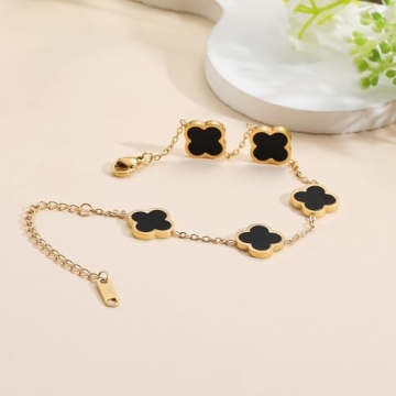AIPPK 18K Gold Plated Clover Lucky Bracelet Van Cleef Bracelet Dupes for Women Black Flower Four Leaf Bracelets Trendy Jewelry Gifts for Women