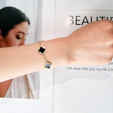 AIPPK 18K Gold Plated Clover Lucky Bracelet Van Cleef Bracelet Dupes for Women Black Flower Four Leaf Bracelets Trendy Jewelry Gifts for Women