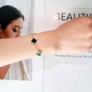 AIPPK 18K Gold Plated Clover Lucky Bracelet Van Cleef Bracelet Dupes for Women Black Flower Four Leaf Bracelets Trendy Jewelry Gifts for Women