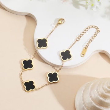 AIPPK 18K Gold Plated Clover Lucky Bracelet Van Cleef Bracelet Dupes for Women Black Flower Four Leaf Bracelets Trendy Jewelry Gifts for Women