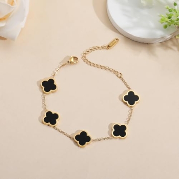AIPPK 18K Gold Plated Clover Lucky Bracelet Van Cleef Bracelet Dupes for Women Black Flower Four Leaf Bracelets Trendy Jewelry Gifts for Women