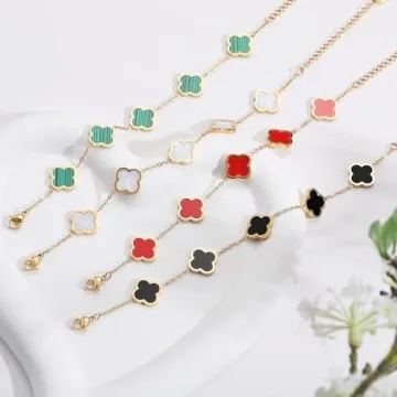 AIPPK 18K Gold Plated Clover Lucky Bracelet Van Cleef Bracelet Dupes for Women Black Flower Four Leaf Bracelets Trendy Jewelry Gifts for Women