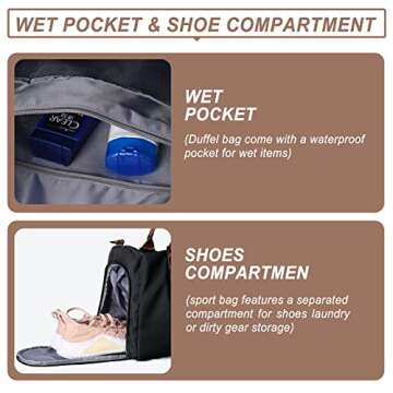 Weekender Gym Duffel Bags for Women Brown handle with Toiletry Bag,Travel Totes Bag for Airplane, Cute Sports Dance Bag Overnight Luggage Bag with Wet Pocket Shoe Compartment, Carry On Hospital Bag