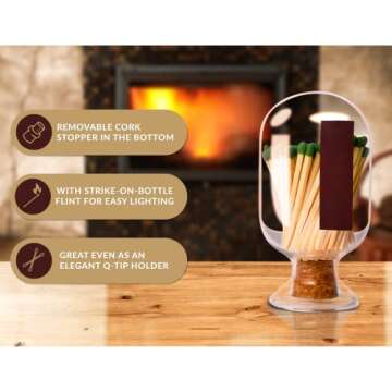 Atzi Match Cloche Bottle Fireplace Matches Holder Large Shabbas Matches - Decorative Shabbat Matches Included - Shabbos Match Holder With Striker – Home Décor (Large, 500ml)