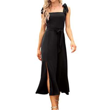 Women's Elegant Bridesmaid Dresses Square Neck Ruffle Split Midi Formal Dress for Wedding Guest Cocktail Party Black L