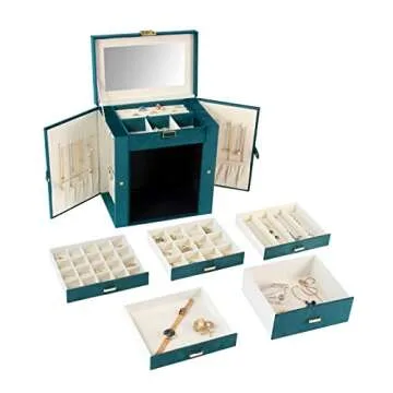 KAMIER Jewelry Box for Women, 6-Layer Large Jewelry Organizer Box with Mirror & 5 Drawers for Rings, Earrings, Necklaces, Bracelets,Velvet Peacock Blue