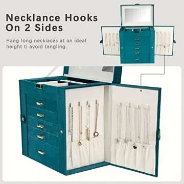 KAMIER Jewelry Box for Women, 6-Layer Large Jewelry Organizer Box with Mirror & 5 Drawers for Rings, Earrings, Necklaces, Bracelets,Velvet Peacock Blue