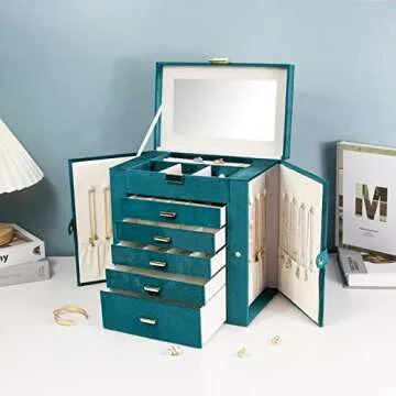 KAMIER Jewelry Box for Women, 6-Layer Large Jewelry Organizer Box with Mirror & 5 Drawers for Rings, Earrings, Necklaces, Bracelets,Velvet Peacock Blue