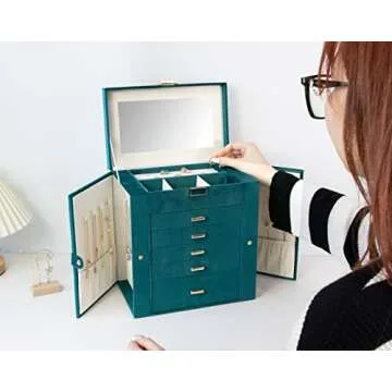 KAMIER Jewelry Box for Women, 6-Layer Large Jewelry Organizer Box with Mirror & 5 Drawers for Rings, Earrings, Necklaces, Bracelets,Velvet Peacock Blue