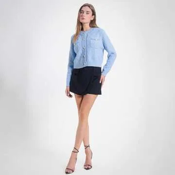 URBAN REVIVO Women Cardigan Sweaters Casual Long Sleeve Open Front Cropped Button Down Jackets Trendy Crew Neck Knit Outerwear Blue, Large