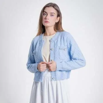 URBAN REVIVO Women Cardigan Sweaters Casual Long Sleeve Open Front Cropped Button Down Jackets Trendy Crew Neck Knit Outerwear Blue, Large