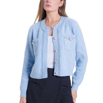 URBAN REVIVO Women Cardigan Sweaters Casual Long Sleeve Open Front Cropped Button Down Jackets Trendy Crew Neck Knit Outerwear Blue, Large