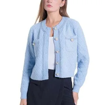 URBAN REVIVO Women Cardigan Sweaters Casual Long Sleeve Open Front Cropped Button Down Jackets Trendy Crew Neck Knit Outerwear Blue, Large