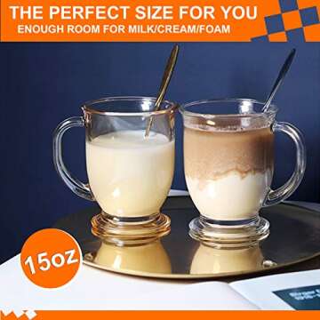 Vivimee Large Glass Coffee Mugs, Clear, Set of 6, 15 Oz With Handles for Hot Beverages, Clear Mugs for Tea, Cappuccino, Latte, Espresso Coffee, Juice, Coffee Cups